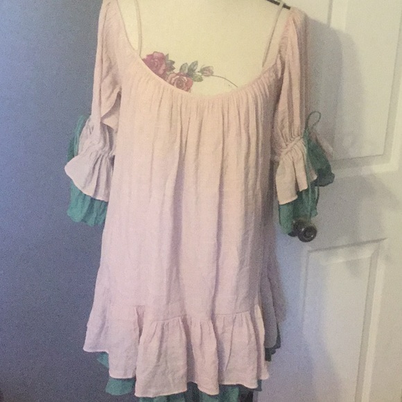 NUDE GREEN FLOWY COLD SHOULDER RUFFLED LINED DRESS - Picture 4 of 8
